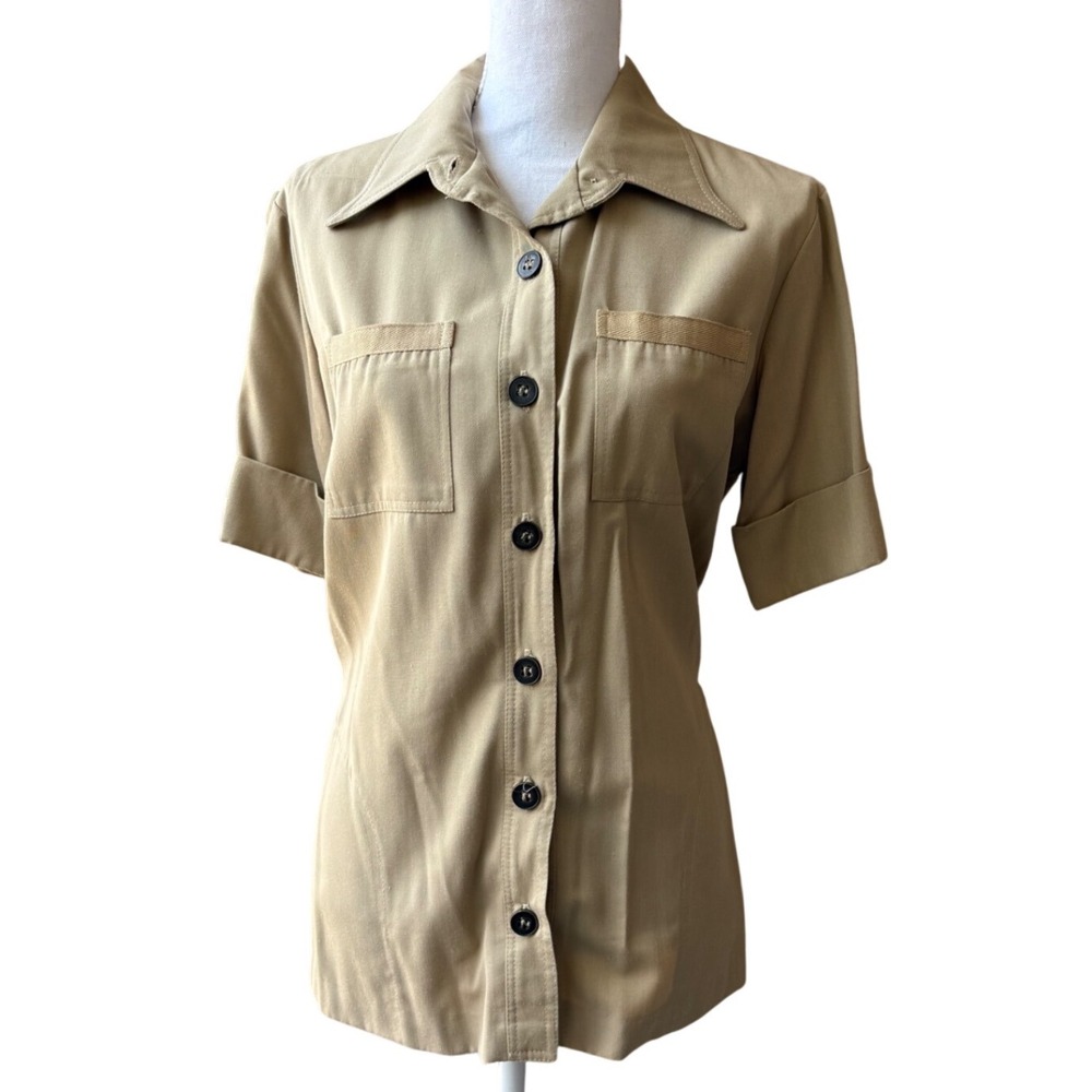 Vintage Tan Khaki Safari Utility Shirt Belted Size 11 70s